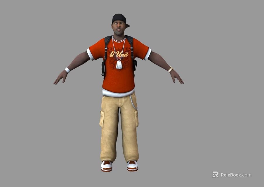 Man With Arms Outstretched In Black Cap Orange T-shirt White Y'all Text Khaki Cargo Pants 3d model 