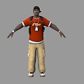 Man With Arms Outstretched In Black Cap Orange T-shirt White Y'all Text Khaki Cargo Pants