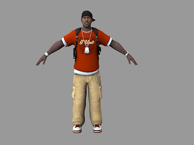Man With Arms Outstretched In Black Cap Orange T-shirt White Y'all Text Khaki Cargo Pants 3d model
