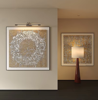 Abstract Painting With Golden Background And White Intricate Patterns Hanging on Wall With Floor Lamp 3d model