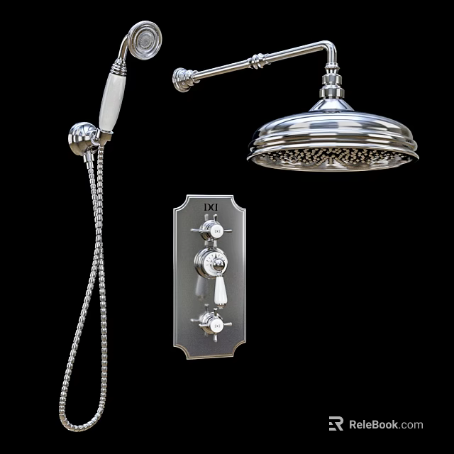 Elegant Chrome Shower Head With Handheld Sprayer And Control Knobs 3d model 