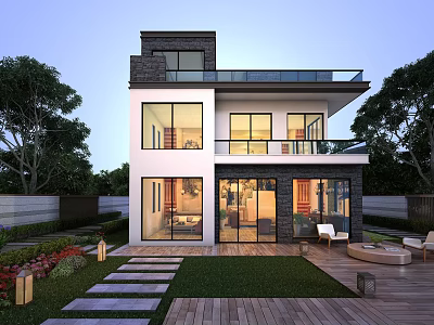 Modern Detached Villa Exterior With Large Glass Windows Balcony Garden Lawn And Stone Pathway 3d model