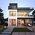 Modern Detached Villa Exterior With Large Glass Windows Balcony Garden Lawn And Stone Pathway