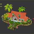 Cartoon Scene With Yellow House Red Roof Palm Trees Green Lawn And Stone Pathway