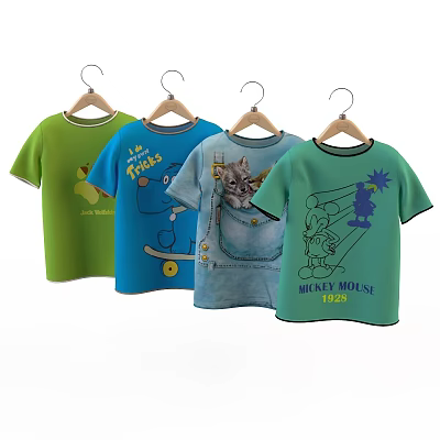 Cartoon Printed Kids T shirts With Various Patterns 3d model