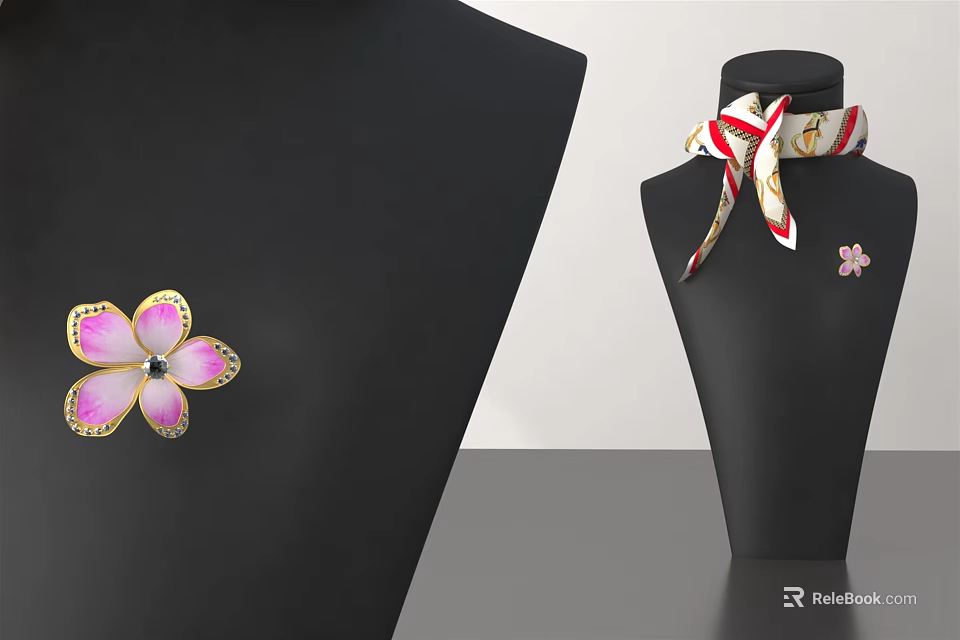 Elegant Pink Floral Brooch With Golden Edges And Silk Scarf Featuring Small Flower Design 3d model 