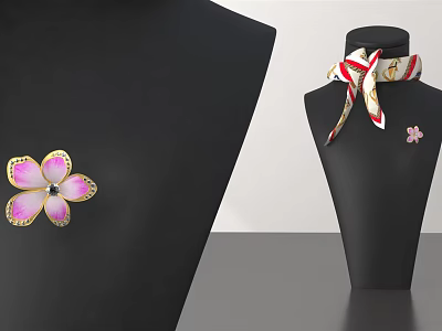 Elegant Pink Floral Brooch With Golden Edges And Silk Scarf Featuring Small Flower Design 3d model