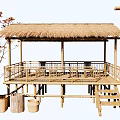 Rural Landscape Featuring Thatched Roof Bamboo Pavilion Wooden Platform And Apricot Blossom Village Banner