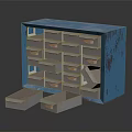 Blue Metal Storage Shelf With Multiple Drawers Partially Open And Gray Drawers