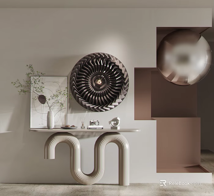 Stylish Console Table With Curved Structure Circular Mirror And Decorative Plants 3d model 