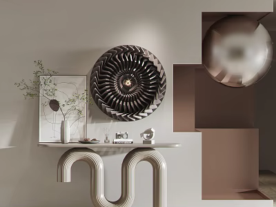 Stylish Console Table With Curved Structure Circular Mirror And Decorative Plants 3d model