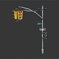 Urban Street Traffic Light Pole With Yellow Signal Lights And Pedestrian Signals