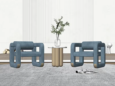 Blue Casual Sofa Set with Modern Design Side Table Plant Vase Striped Wall and Gray Carpet 3d model