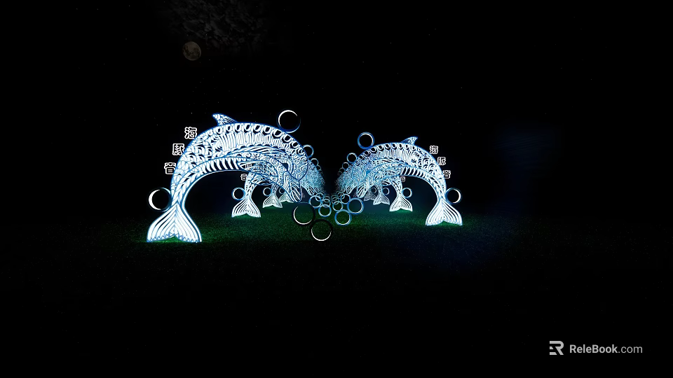 Illuminated Modern Pergola With Curved Metal Design And Decorative Rings 3d model 