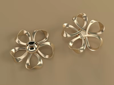 Golden Flower Shaped Brooch Pair With Petal Design And Central Accent 3d model