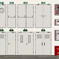 Various Fire Doors and Safety Equipment with Exit Signs and Extinguisher Cabinets
