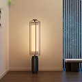 Modern Minimalist Floor Lamp With Cylindrical Fabric Shade In Beige Wall Wooden Floor Slatted Partition Room