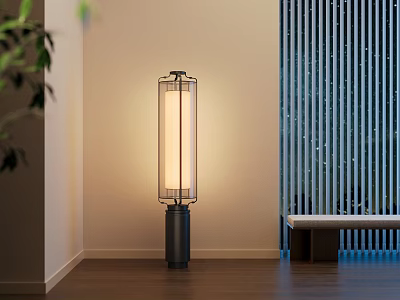 Modern Minimalist Floor Lamp With Cylindrical Fabric Shade In Beige Wall Wooden Floor Slatted Partition Room 3d model