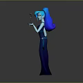 3D Game Movie Character With Teal High Ponytail Dark Blue Long Dress Holding Blue Flower