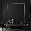 Modern Black Display Setup With Metal Frame Round Platform Rocks And Curtains 3d model