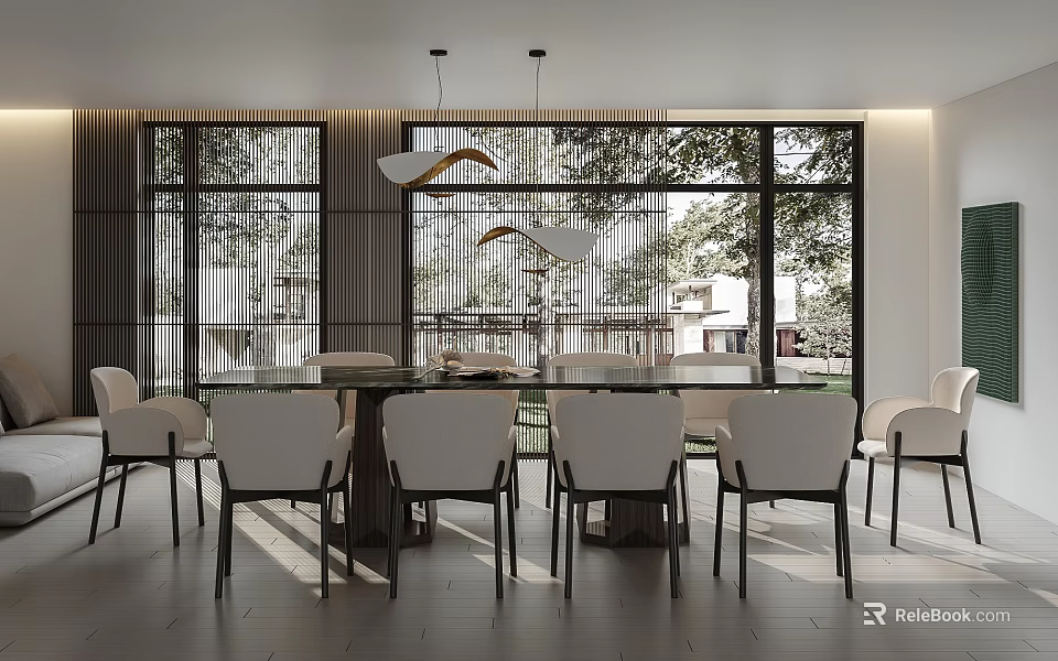 Modern Restaurant Interior With Glass Dining Table White Chairs Pendant Lights And Tree View Windows 3d model 