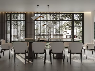 Modern Restaurant Interior With Glass Dining Table White Chairs Pendant Lights And Tree View Windows 3d model