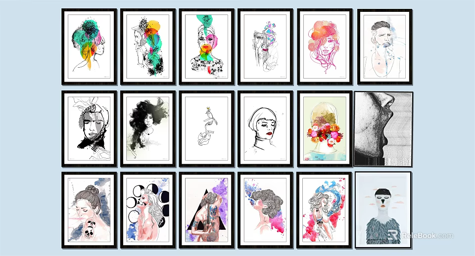 Various Stylish Framed Wall Artworks Featuring Colorful And Black White Portrait Designs 3d model 