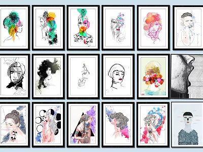 Various Stylish Framed Wall Artworks Featuring Colorful And Black White Portrait Designs 3d model