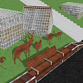 Wooden Landscape Bench With Deer Sculptures Pampas Grass Steps And Glass Structure In Garden