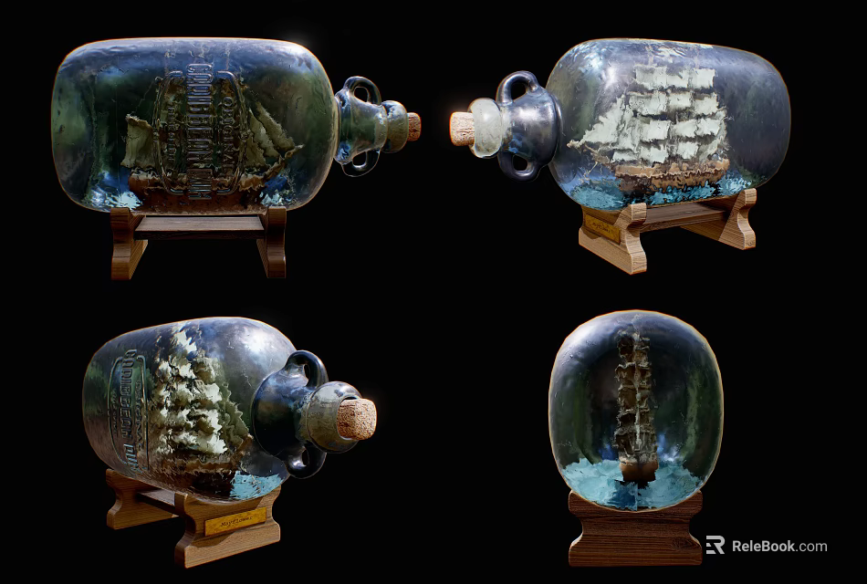 Decorative Ornament Set Featuring Ship In A Bottle With Sailing Ship Models On Wooden Bases 3d model 