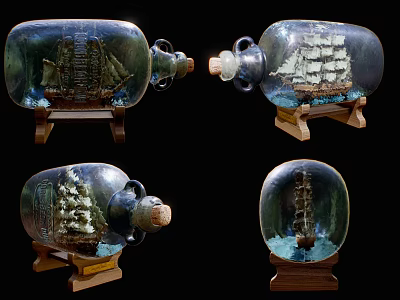 Decorative Ornament Set Featuring Ship In A Bottle With Sailing Ship Models On Wooden Bases 3d model