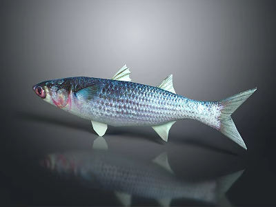Silver Blue Fish with Shiny Scales on Smooth Reflective Surface Detailed View 3d model