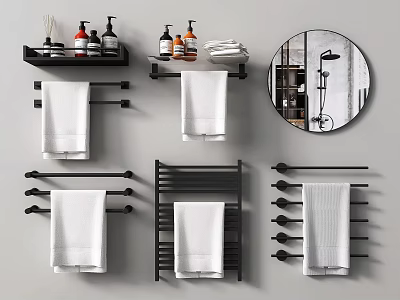 Modern Bathroom Accessories with Black Towel Racks Round Mirror and Shelves Holding Toiletries and Towels 3d model