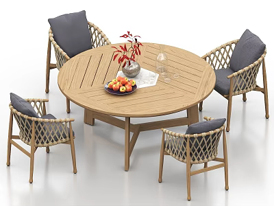Wooden Round Dining Table Set With Wicker Chairs Fruit Bowl Flower Vase And Wine Glass 3d model