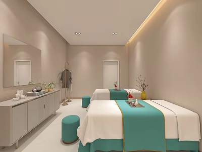 Spa Sauna Room Interior with Massage Beds Turquoise Accents Vanity Mirror And Clothes Rack 3d model
