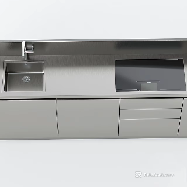 Stainless Steel Kitchen Sink With Faucet And Countertop In Modern Cabinets Setup 3d model 