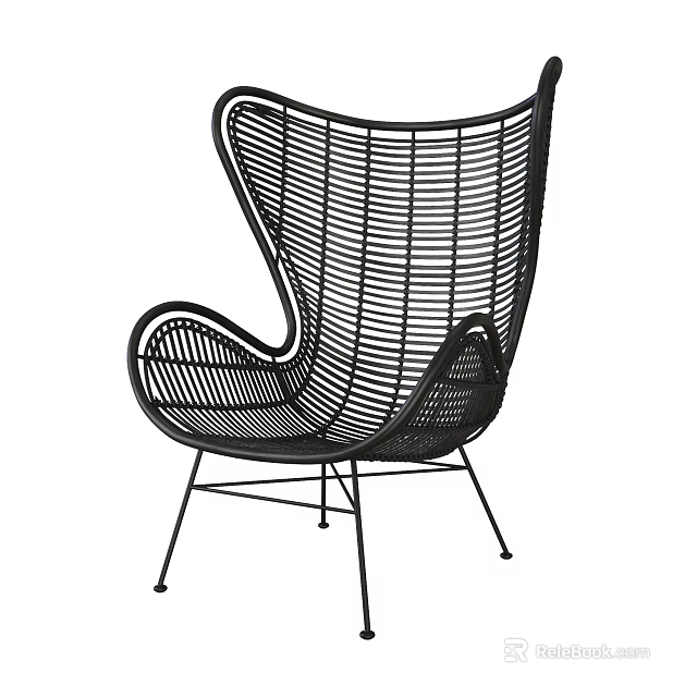 Black Woven Rattan Leisure Chair With Curved Backrest And Metal Support Legs 3d model 