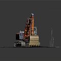 Orange Excavator Scale Model With Track Marks On Muddy Platform