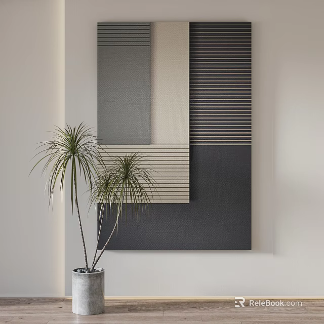 Modern Textured Wall Decor with Geometric Panels Gray Beige Stripes and Potted Plant Accent 3d model 