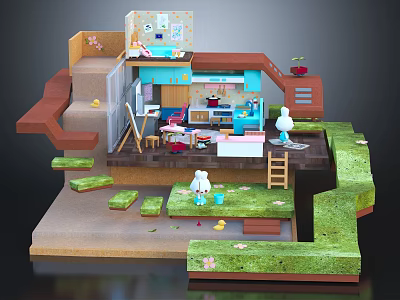 Cartoon Scene with Miniature Room Kitchen Area Staircase Dolls Green Grass and Steps 3d model