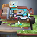 Cartoon Scene with Miniature Room Kitchen Area Staircase Dolls Green Grass and Steps