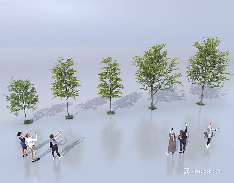 Different Tree Sizes Showcasing Growth Stages With People Observing in Open Area 3d model