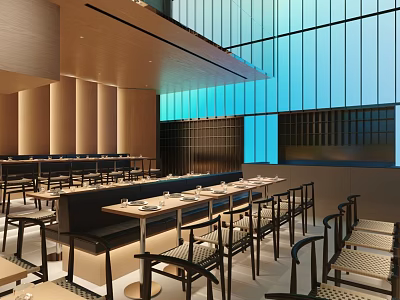 Modern Restaurant Interior With Long Tables Chairs Glass Walls And Wooden Decor 3d model