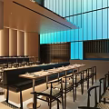 Modern Restaurant Interior With Long Tables Chairs Glass Walls And Wooden Decor