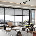 Modern Living Room Interior With Large Windows Mountain View Beige Sofa And Unique Chairs