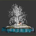 White Tree Sculpture On Transparent Blue Platform With Colorful Decor Elements
