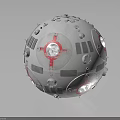 Detailed Design of Gray Aerospace Sphere With Red Cross Markings Circular Windows And Gears