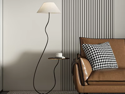 Floor Lamp with Brown Sofa Black and White Checkered Pillow Side Table and Striped Wall 3d model