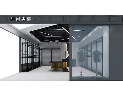 Stylish Men's Fashion Clothing Store With Glass Window Display And Mannequins 3d model