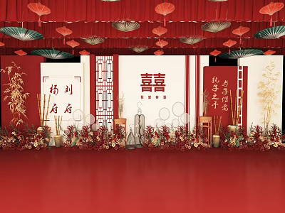 Chinese Wedding Banquet Hall With Red Lanterns Double Happiness Character Chinese Screen Bamboo And Florals 3d model
